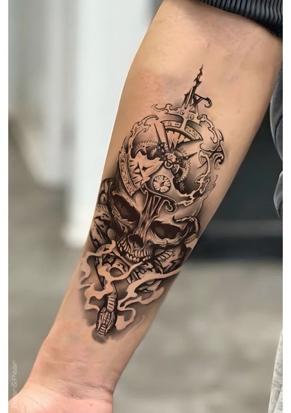 Kurukafa Saat ve Yılan Geçici Dövme Kol Dövmesi Tattoo