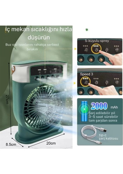 Şarjlı 600 ml Su Hazneli Taşınabilir Masaüstü Vanilatör Güçlü Fan ve 2000 Mah Pil Siyah fırsatları