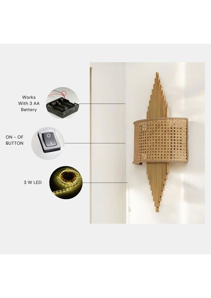 Yeni Aslı Pilli Eskitme Dikdörtgen Rattan Abajurlu Aplik