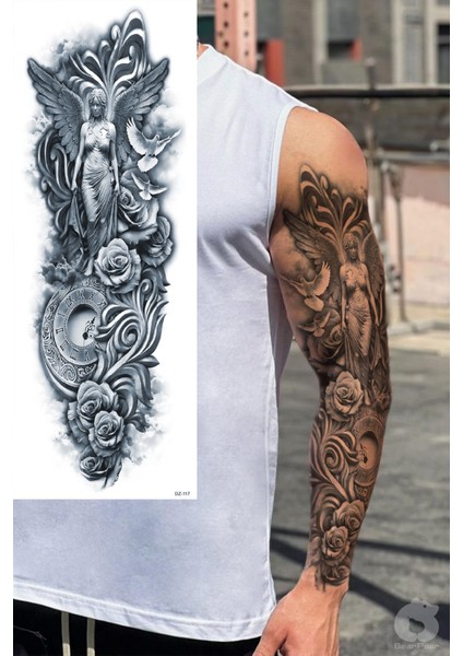 Geçici Kanatlı Melek ve Çiçek Kol Dövmesi Kol Kaplama Tattoo