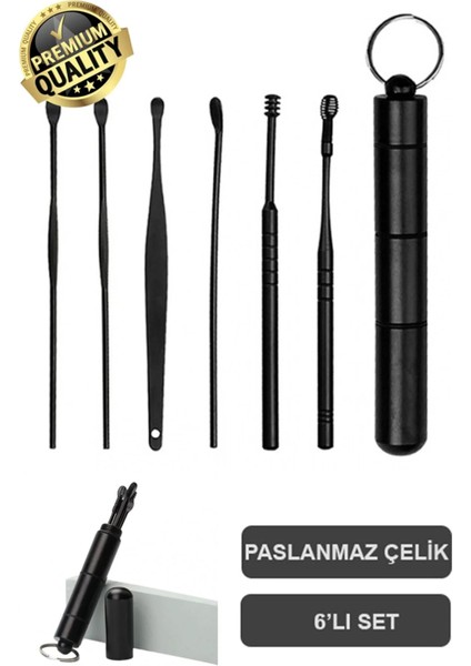 Siyah 7 Parça Çelik Kulak Temizleme Seti, hijyenik ve güvenli kullanım için ideal