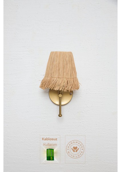 Bohem Hasır Rafya Saçaklı El Yapımı Eskitme Gold Ledli Aplik