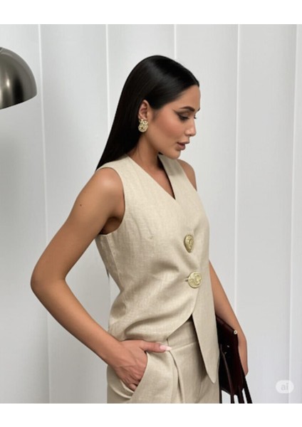Maris Natural Gold Düğmeli Keten Yelekli Takım fiyatları
