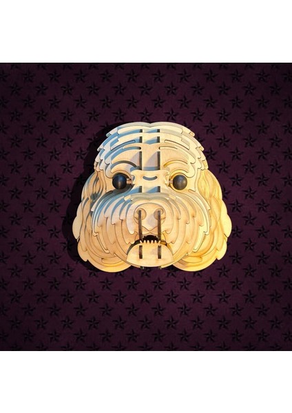 Kelb Köpek Kafası Doğal Ahşap Lazer Kesim Rustik Salon Aplik Duvar Dekoru 3D Tablo Pano (Peri Ledli