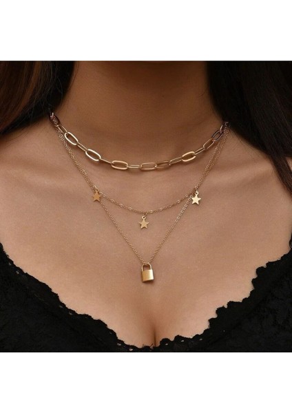 Kadın Altın 3 Katlı Yıldız Kilit Ezme Zincir Çok Katlı Kolye