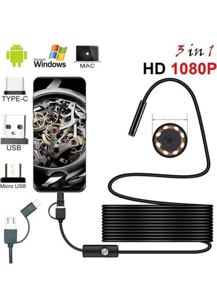 Endoskop 3 In 1 Yılan Kamera USB Micro USB Type-C 20 Metre Sert Kablo
