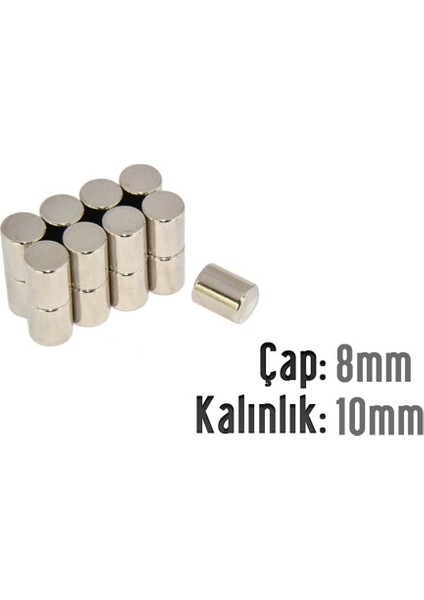 Neodyum Mıknatıs Silindir Çap 8mm , Kalınlık 10MM ( 5 Adet)