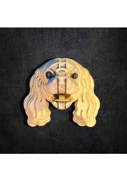 Kelb Köpek Kafası Doğal Ahşap Lazer Kesim Rustik Salon Aplik Duvar Dekoru 3D Tablo Pano (Peri Ledli