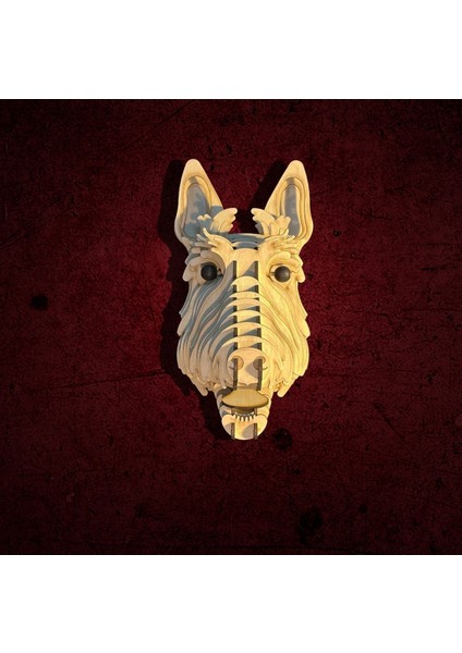 Kelb Köpek Kafası Doğal Ahşap Lazer Kesim Rustik Salon Aplik Duvar Dekoru 3D Tablo Pano (Peri Ledli