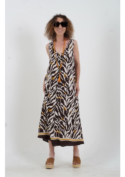 Kahve Zebra Desen Elbise