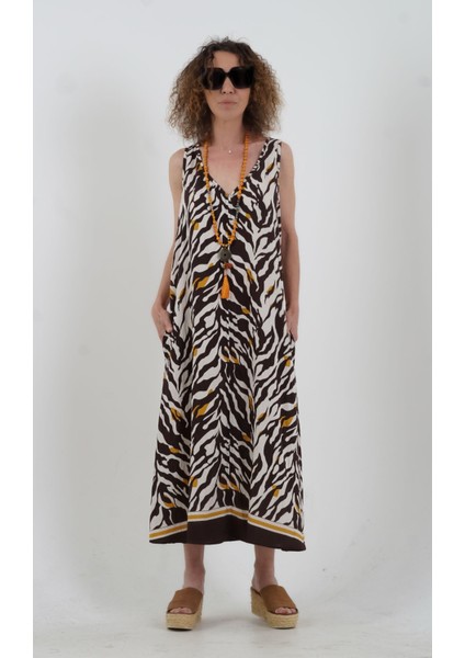 Kahve Zebra Desen Elbise