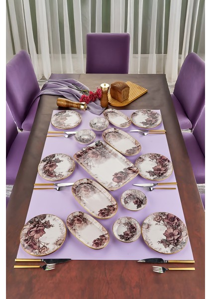 Purple 15 Parça 6 Kişilik Seramik Kahvaltılık Kahvaltı Pasta Sunum Tabağı Takımı Seti