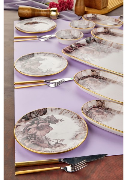 Purple 15 Parça 6 Kişilik Seramik Kahvaltılık Kahvaltı Pasta Sunum Tabağı Takımı Seti