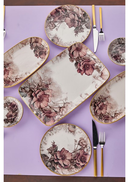 Purple 15 Parça 6 Kişilik Seramik Kahvaltılık Kahvaltı Pasta Sunum Tabağı Takımı Seti