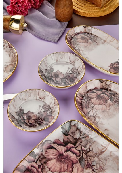 Purple 15 Parça 6 Kişilik Seramik Kahvaltılık Kahvaltı Pasta Sunum Tabağı Takımı Seti