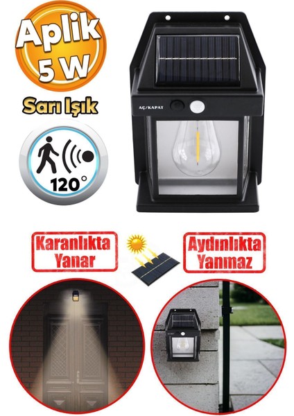 Sensörlü Bahçe Duvar Dış Mekan Aydınlatma Apliği Aplik Güneş Enerjili 2 Modlu Sarı Işıklı 5 W Fener