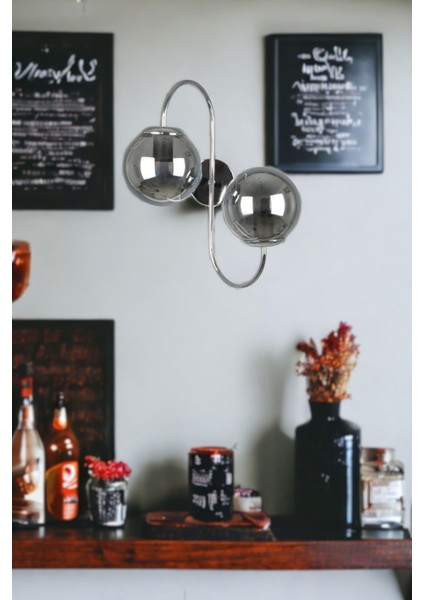 Jüpiter Aplik Modern Tasarım Krom Renk Füme Camlı Cafe - Mutfak – Yatak Odası – Hol Duvar Aplik