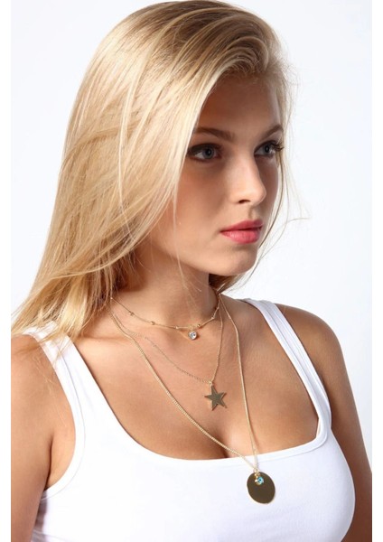 Altın Kadın Yıldızlı Tektaşlı Üçlü Kolye