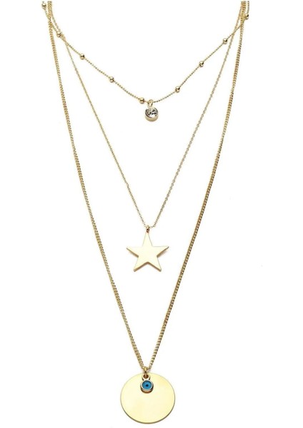 Altın Kadın Yıldızlı Tektaşlı Üçlü Kolye fiyatları