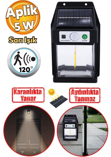 Sensörlü Bahçe Duvar Dış Mekan Aydınlatma Apliği Aplik Güneş Enerjili 3 Modlu Sarı Işıklı 5 W Fener