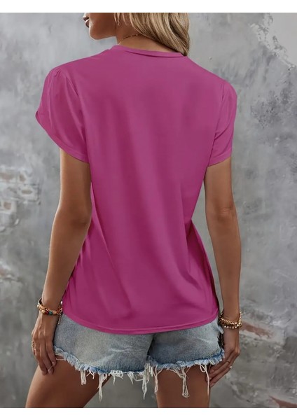 Kadın Kısa Kollu Bisiklet Yaka Cep Pul Payet Detay Viskon Bluz fırsatları