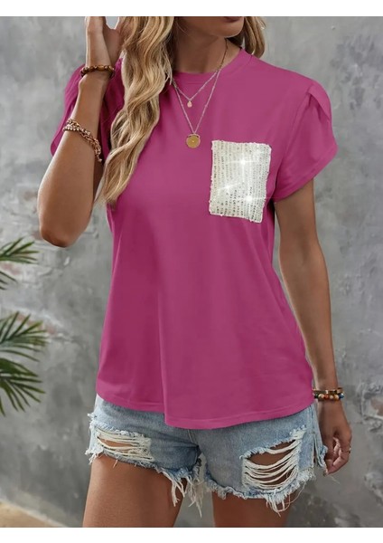 Kadın Kısa Kollu Bisiklet Yaka Cep Pul Payet Detay Viskon Bluz indirimleri