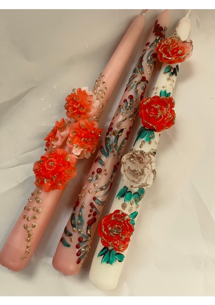 El Yapımı 3'lü 3D Çiçek Tasarımlı Renkli Mum Seti