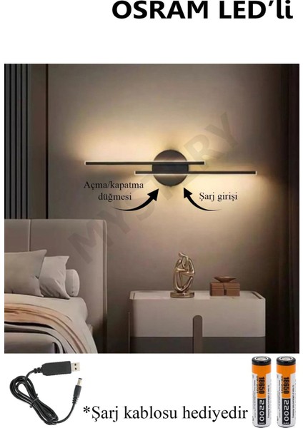 Assos Osram LED Şarjlı Pilli Modern Tasarım Siyah Eskitme Gün Işığı Banyo - Mutfak - Salon-Ofis 2x3