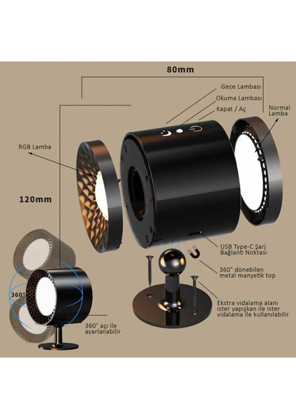 LED Rgb Çift Taraflı Şarjlı Kumandalı Duvar Aplik Aydınlatması Beyaz