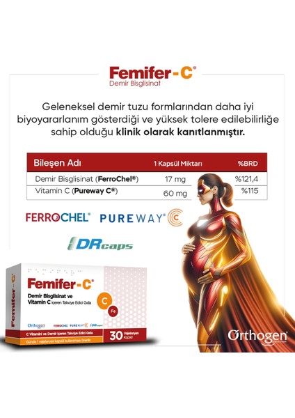 Femifer-C Demir Takviyesi - Demir Bisglisinat -Demir Anemisi Vitamin Takviyesi