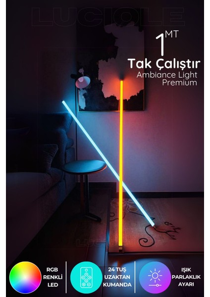 Rgb LED Strip Tube Light LED Aplik Uzaktan Kumandalı Işık Lamba Ampül Aydınlatma Renkli Apltube7