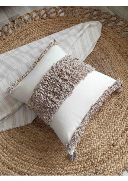 El Yapımı Bohem Model Vizon Renk Pul Işlemeli 43 x 43 Kırlent Kılıfı
