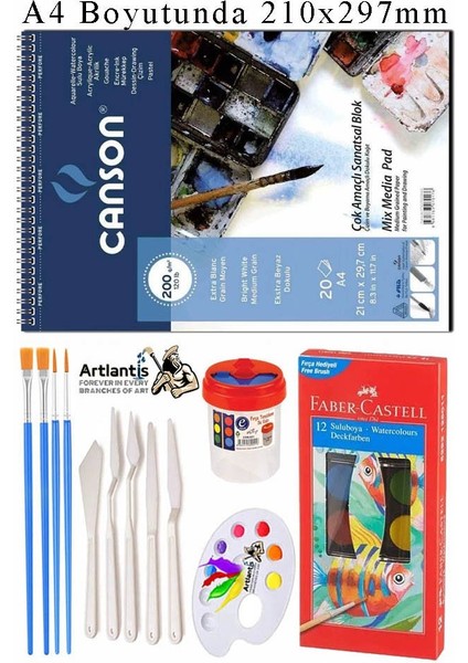 Canson Çok Amaçlı Sanatsal Blok A4 200 gr 20 Yaprak 1 Adet 12 Renk Sulu Boya Fırça Palet Spatula Fırça Temizleme Kabı