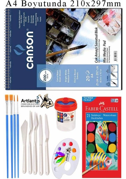Canson Çok Amaçlı Sanatsal Blok A4 200 gr 20 Yaprak 1 Adet 21 Renk Sulu Boya Fırça Palet Spatula Fırça Temizleme Kabı