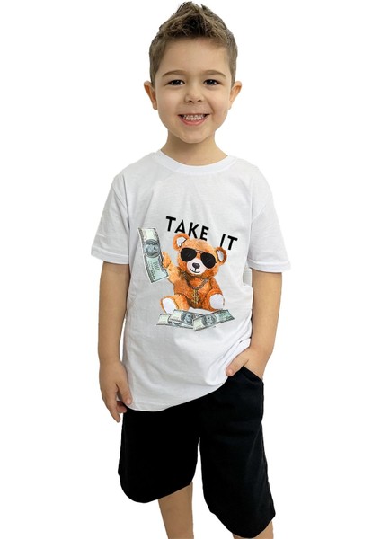 Take It Bear Baskılı Çocuk Tişört ve Şort Takımı | %100 Pamuk, Şık ve Rahat