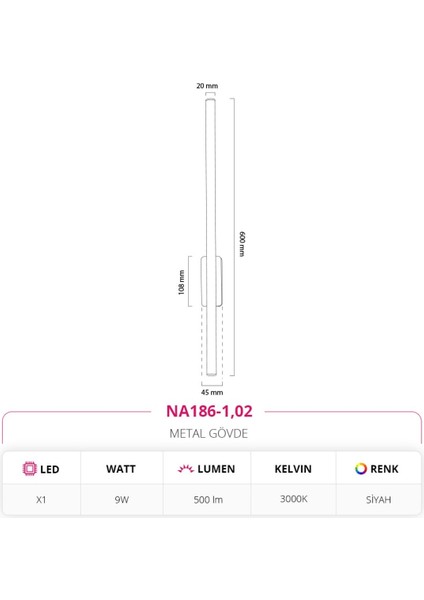 Dekoratif Iç Mekan 60 cm Siyah Aplik Gün Işığı NA186-1 fiyatları