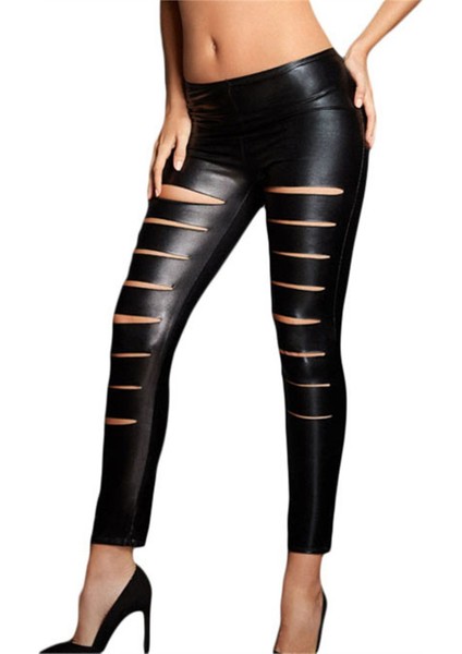 TP101289 Yırtık Deri Tayt Görünümlü Lame Tayt