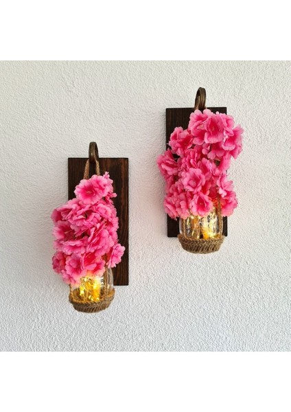 Duvar Dekoru, LED Işıklı, Pembe Bahar Dalı Çiçekli, Ceviz Aplik Ikili Set