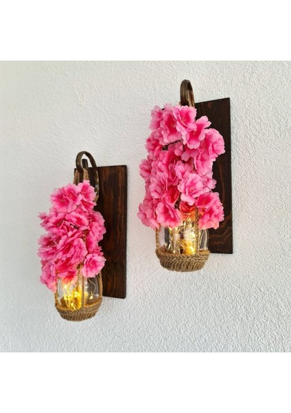 Duvar Dekoru, LED Işıklı, Pembe Bahar Dalı Çiçekli, Ceviz Aplik Ikili Set modelleri