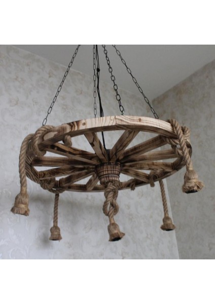 Ahşap Halatlı Teker Avize 80 Cm. 5'li