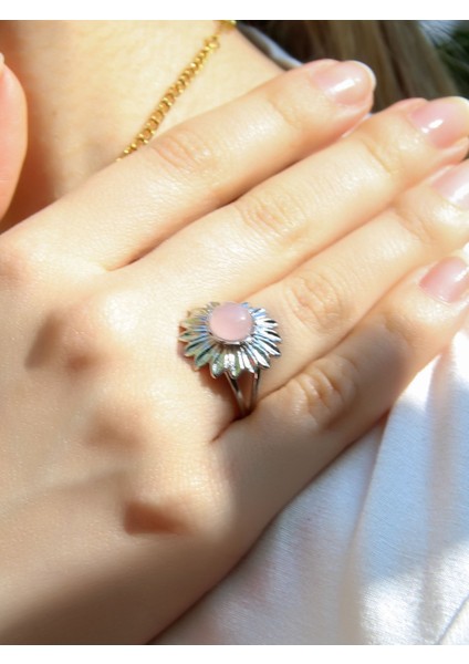 Doğal Taş Pembe Kuvars Doğal Taşlı Papatya Modelli Kadın Ayarlanabilir Gümüş Kaplama Yüzük EUY64PKR