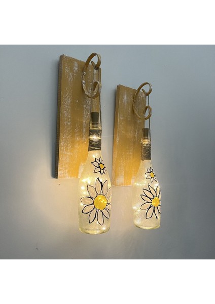 Peri LED Işıklı Sarı Ahşap Renkli Vitray Cam Salon Bar Bahçe Dekoru Şampanya Şişesi Aplik 2'li Set