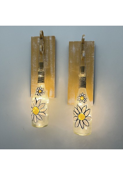 Peri LED Işıklı Sarı Ahşap Renkli Vitray Cam Salon Bar Bahçe Dekoru Şampanya Şişesi Aplik 2'li Set fiyatları