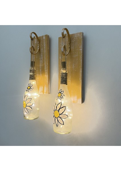 Peri LED Işıklı Sarı Ahşap Renkli Vitray Cam Salon Bar Bahçe Dekoru Şampanya Şişesi Aplik 2'li Set modelleri