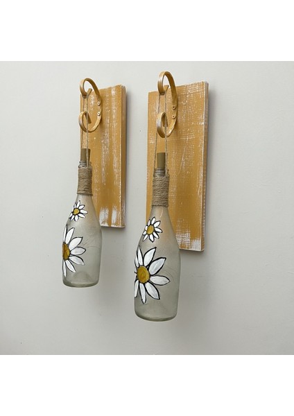 Peri LED Işıklı Sarı Ahşap Renkli Vitray Cam Salon Bar Bahçe Dekoru Şampanya Şişesi Aplik 2'li Set