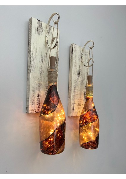 LED Işıklı Ahşap Kahverengi Vitray Cam Salon Bar Bahçe Dekoru Şampanya Şişesi Aplik 2 Li Set