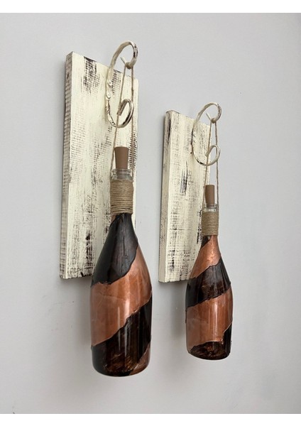 LED Işıklı Ahşap Kahverengi Vitray Cam Salon Bar Bahçe Dekoru Şampanya Şişesi Aplik 2 Li Set