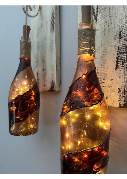 LED Işıklı Ahşap Kahverengi Vitray Cam Salon Bar Bahçe Dekoru Şampanya Şişesi Aplik 2 Li Set