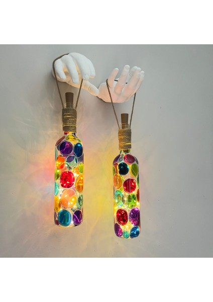 Beyaz Heykel El Dekorlu LED Işıklı Vitray Cam Şarap Şişesi Aplik 2'li Set Cafe Bahçe Ev Dekoru