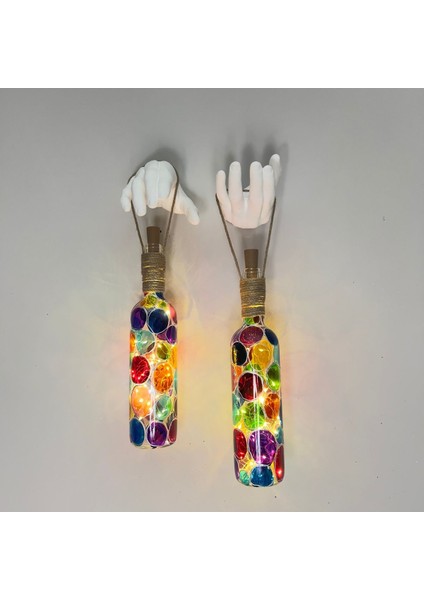 Beyaz Heykel El Dekorlu LED Işıklı Vitray Cam Şarap Şişesi Aplik 2'li Set Cafe Bahçe Ev Dekoru fiyatları